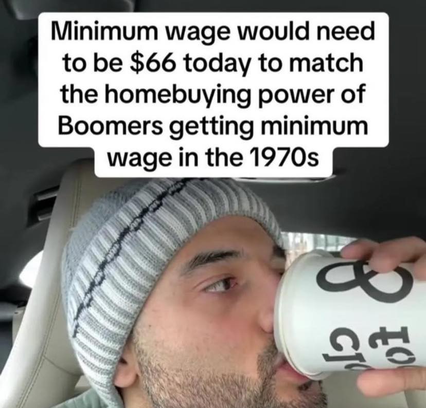 This meme is a humorous comparison of the cost of living between two generations. The image shows a person holding a coffee cup with a price of $5. The text above reads: "In 2023, a $5 coffee would be equivalent to a $15 minimum wage in 1970s dollars."